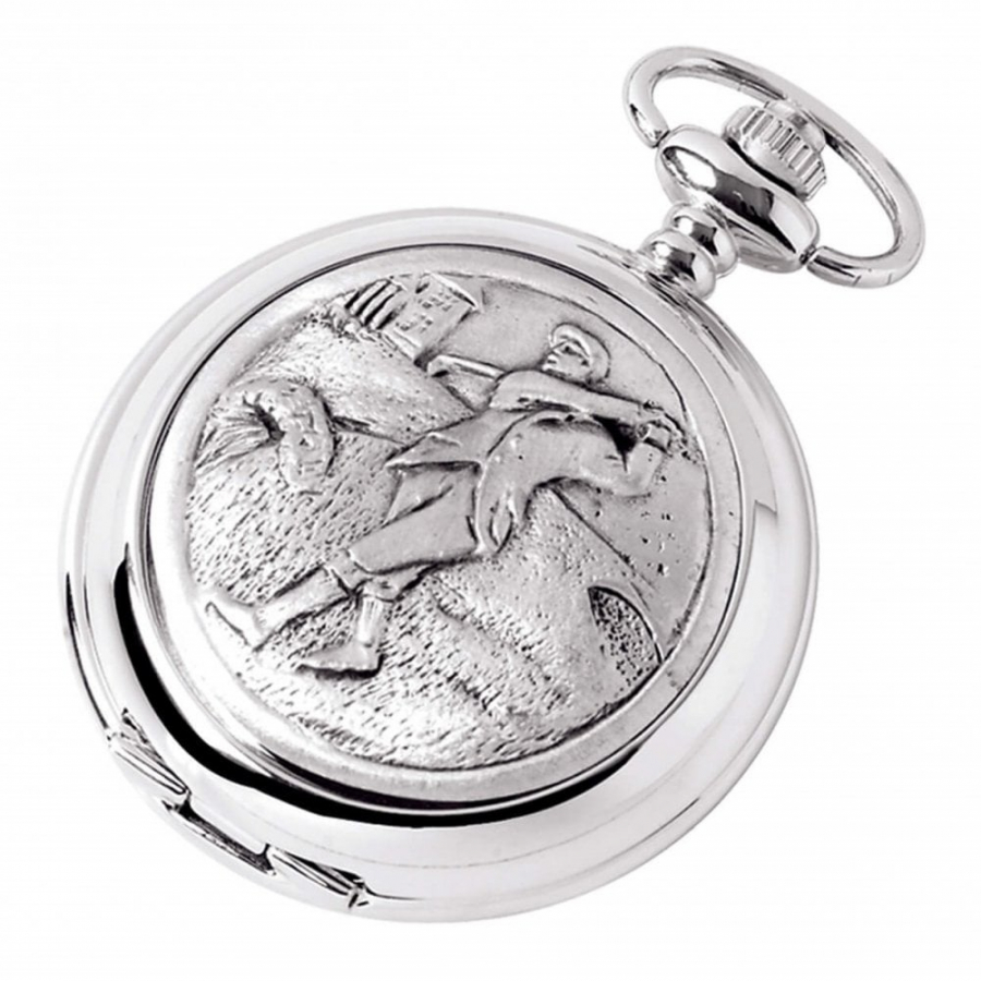 Golfing Chrome/Pewter Mechanical Double Hunter Pocket Watch