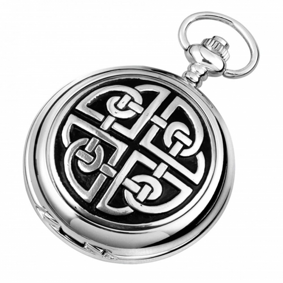 Celtic Knotwork Chrome/Pewter Mechanical Double Hunter Pocket Watch