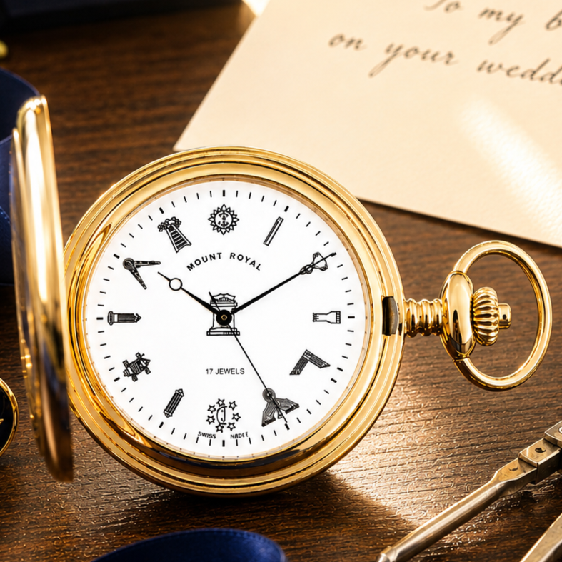 Masonic Gold Plated Full Hunter Date Display Mechanical Pocket Watch with Chain