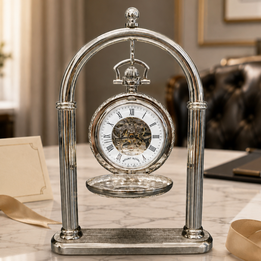 Chrome Double Half Hunter Mechanical Pocket Watch and Chrome Arch Stand
