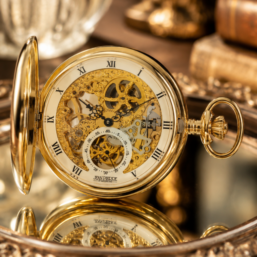 Gold Plated Double Hunter Mechanical Pocket Watch with Chain (50mm) (G250PM)