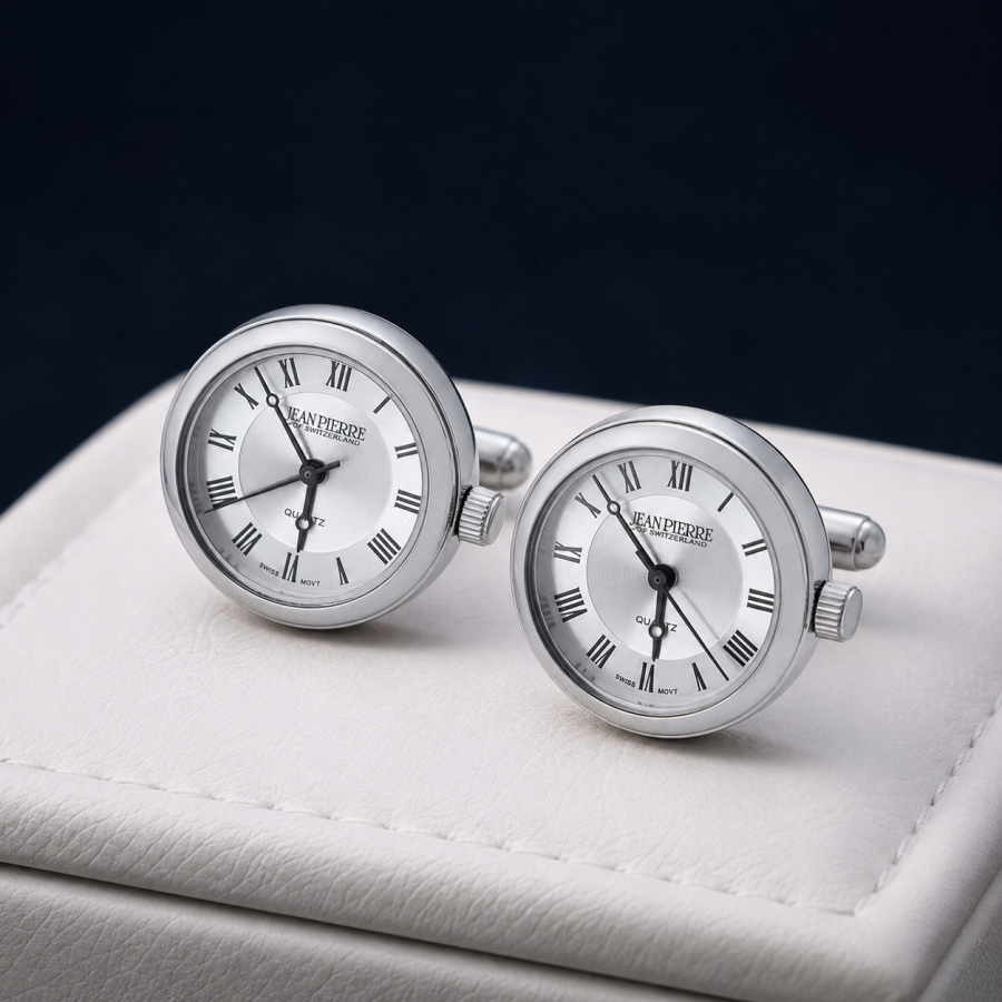 Chrome Plated Silver Dial Watches Cufflinks