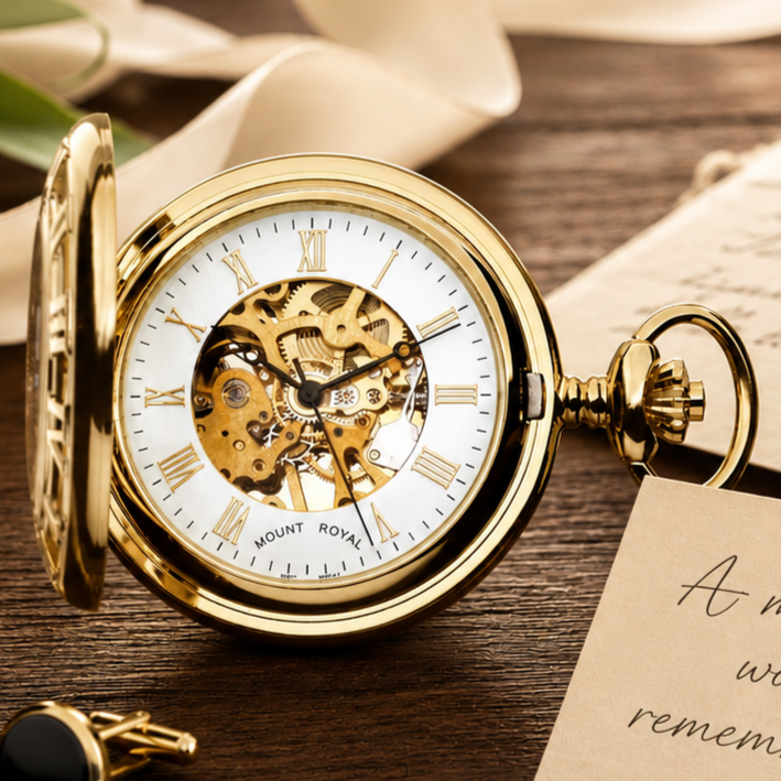 Gold Plated Half Hunter Skeleton Dial Mechanical Pocket Watch with Chain