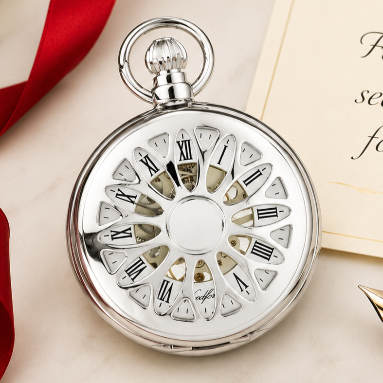 Chrome Plated Full Hunter Skeleton Dial Mechanical Pocket Watch with Chain