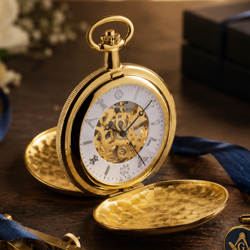 Masonic Gold Plated Double Hunter Mechanical Pocket Watch with Chain
