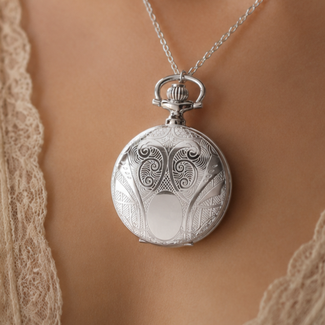 Womens Sterling Silver Pendant Watch With Engravable Shield
