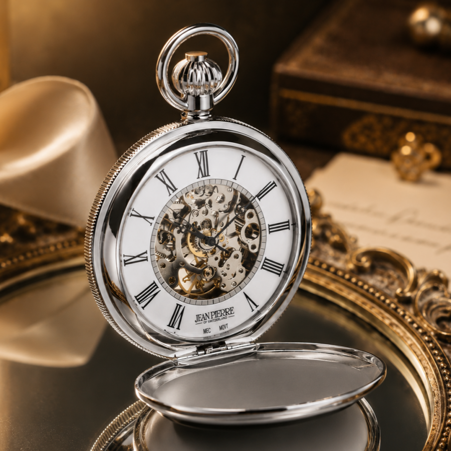 Chrome Plated Double Hunter Mechanical Pocket Watch Heartbeat Window with Chain
