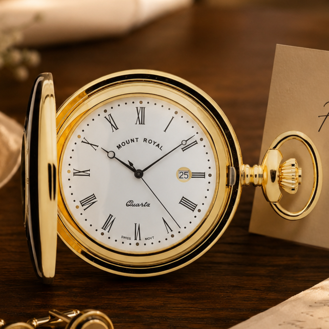 Gold Plated Half Hunter Date Display Quartz Pocket Watch with Chain (45mm)