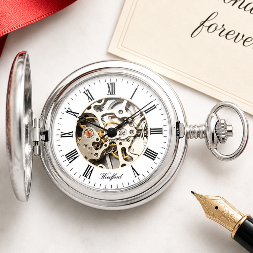 Chrome Plated Full Hunter Skeleton Dial Mechanical Pocket Watch Engravable Shield with Chain