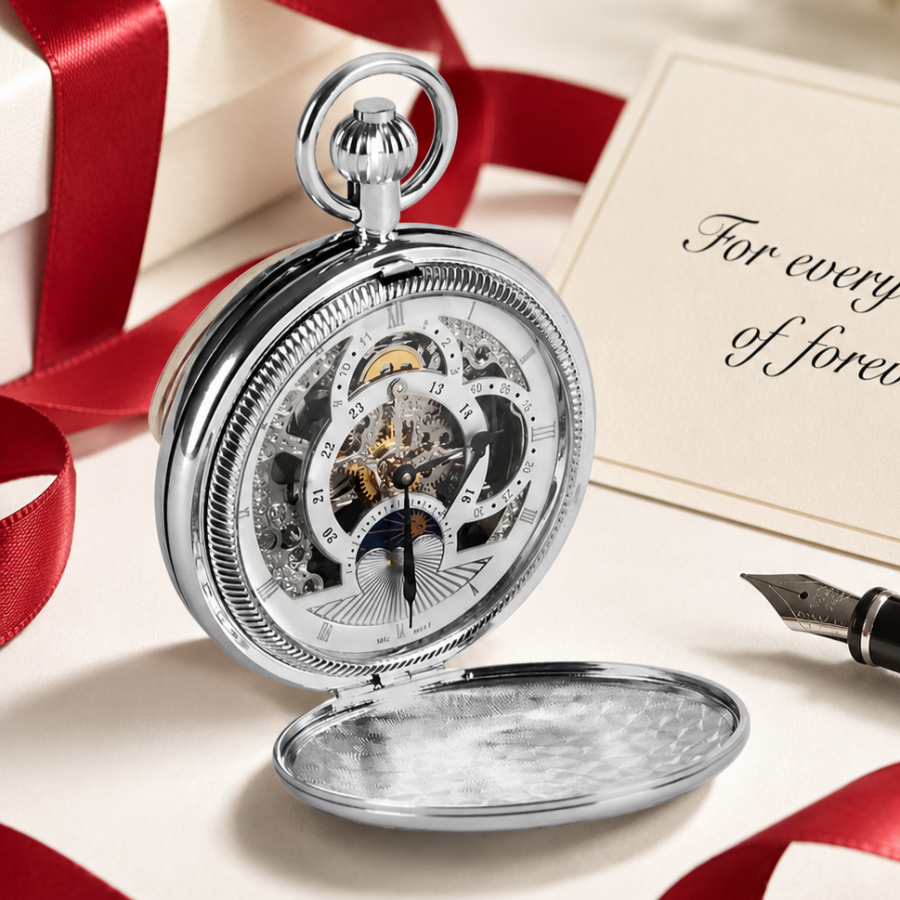 Chrome Plated Double Hunter Mechanical Pocket Watch with Chain