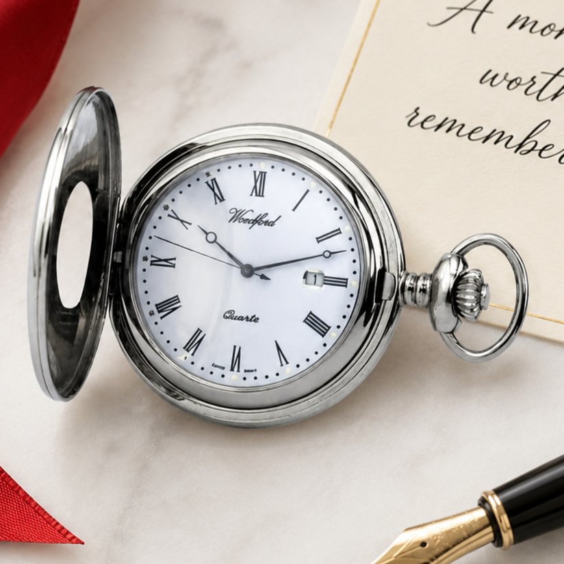 Chrome Plated Half Hunter Date Display Quartz Pocket Watch with Chain