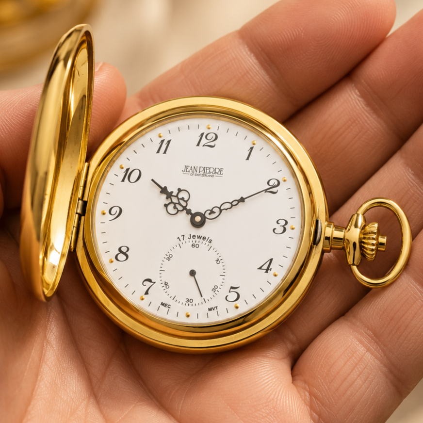 Gold Plated Full Hunter Mechanical Pocket Watch with Chain (48mm) (Arabic Numerals)