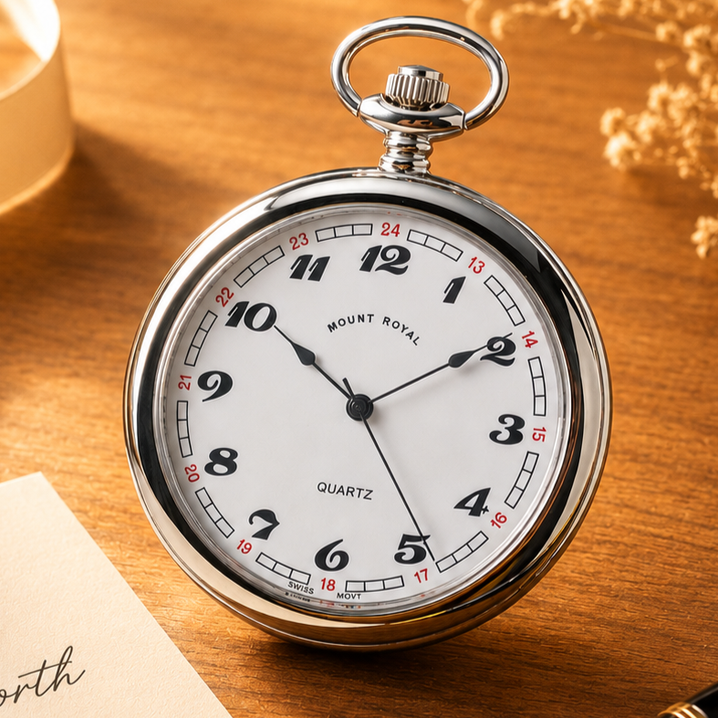 Chrome Plated Open Face Quartz Pocket Watch with Chain