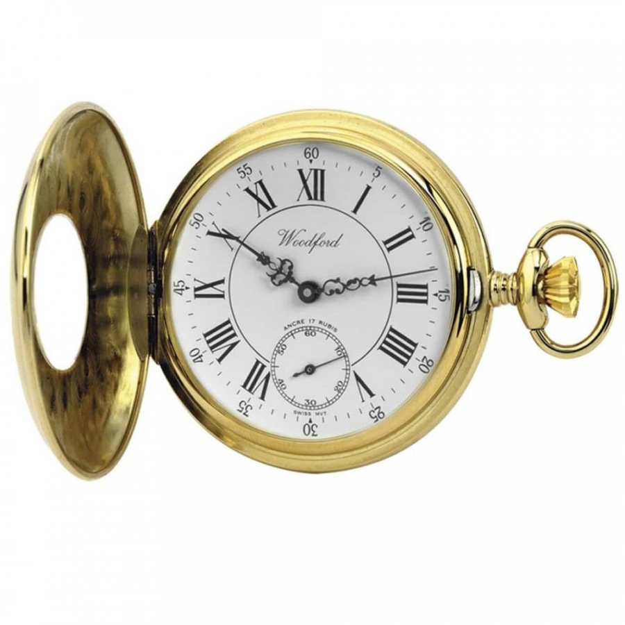 Gold Plated Large Dial 17 Jewel Swiss Mechanical Half Hunter Pocket Watch