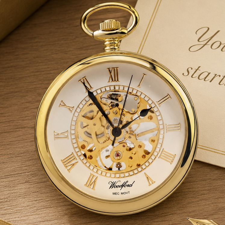 Gold Plated Open Face Skeleton Dial Mechanical Pocket Watch with Chain (50mm) (W1030)