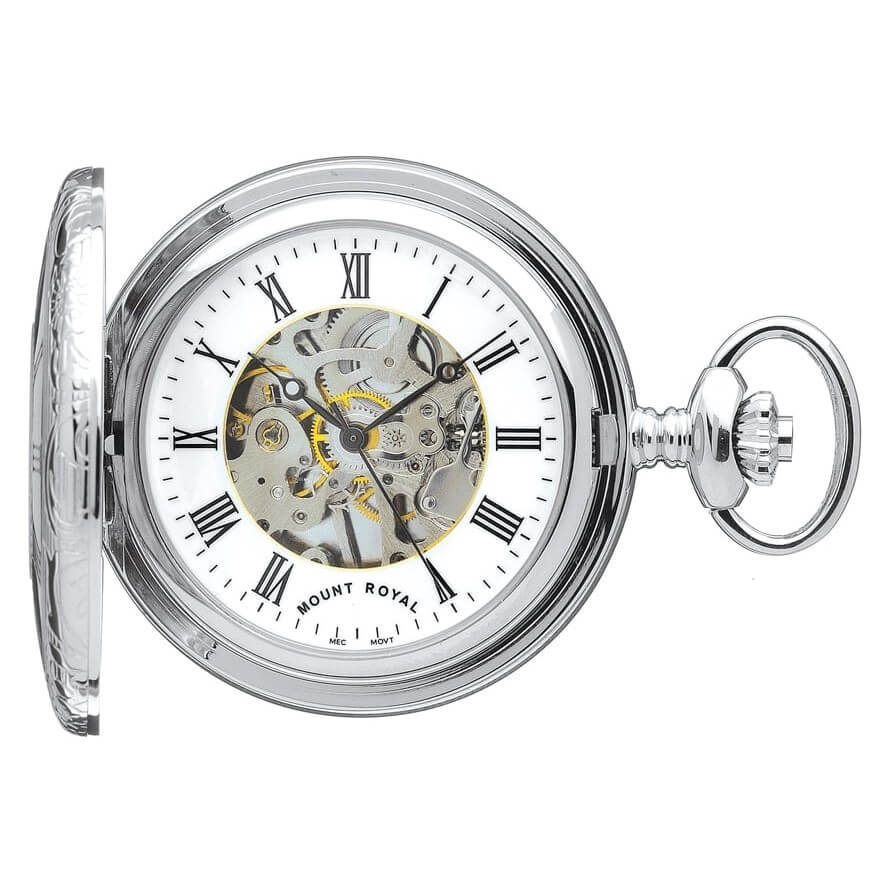 Chrome Plated Mechanical Half Hunter Pocket Watch with Skeletal Display