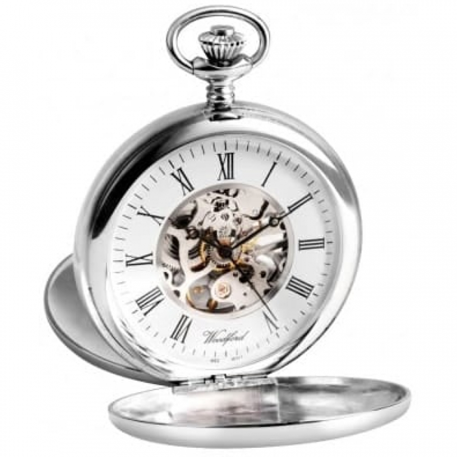 Double Hunter Sterling Silver Mechanical Pocket Watch With Albert T-bar Chain