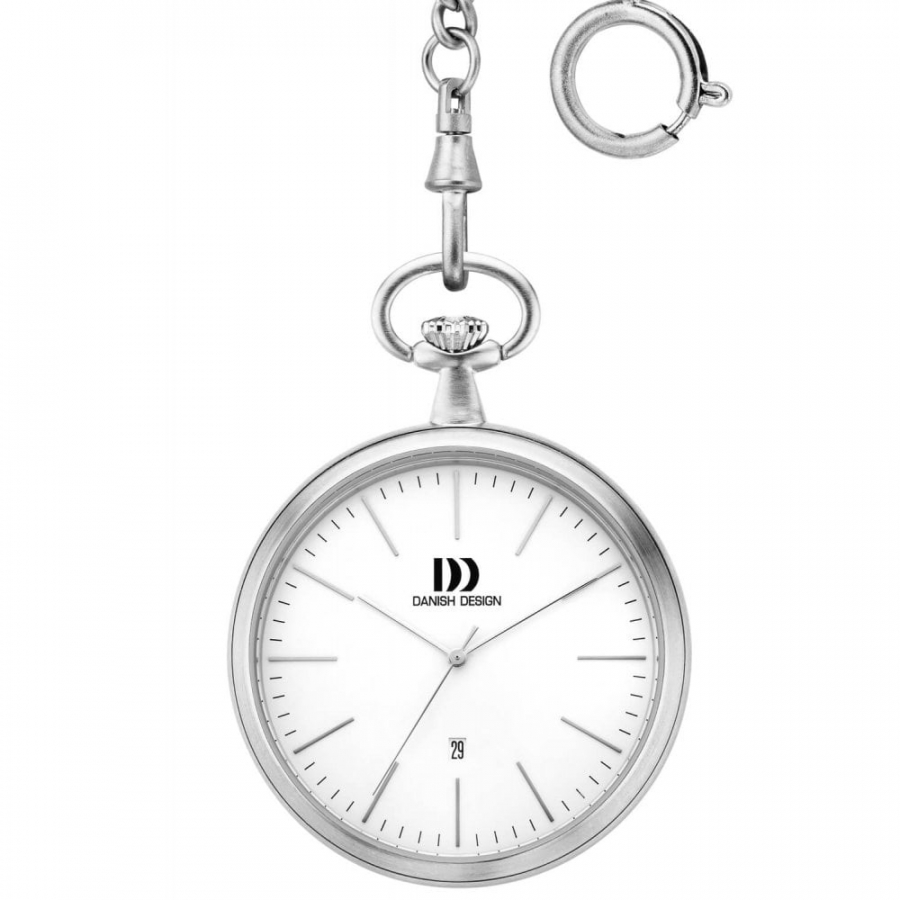 White Open Face Brushed Chrome Pocket Watch With Chain