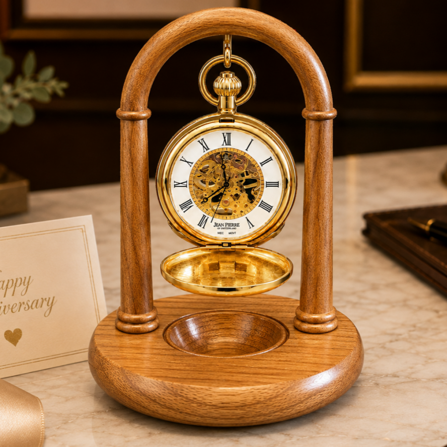 Gold Plated Double Hunter Mechanical Pocket Watch and Walnut Stand