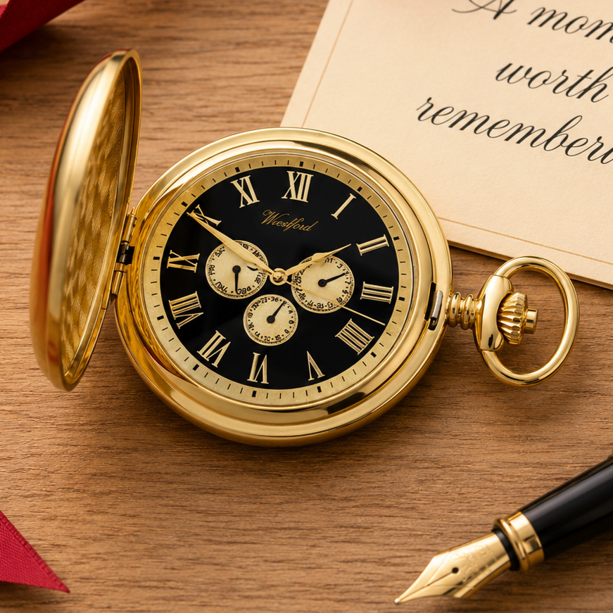 Gold Plated Half Hunter Date Display Quartz Pocket Watch with Chain