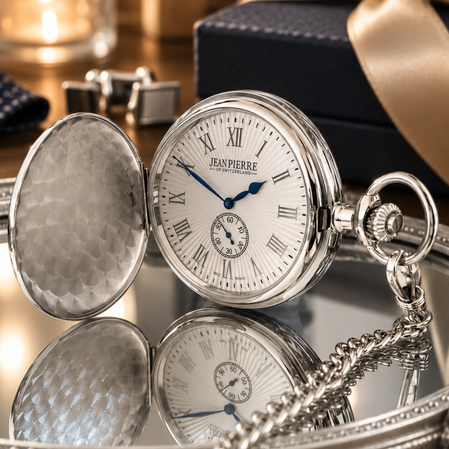 Chrome Plated Full Hunter Sunburst Dial Mechanical Pocket Watch