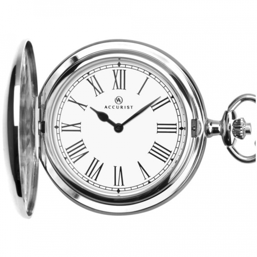 Stainless Steel Quartz Full Hunter Pocket Watch With Roman Numerals & Snakeskin Belt Bar Chain