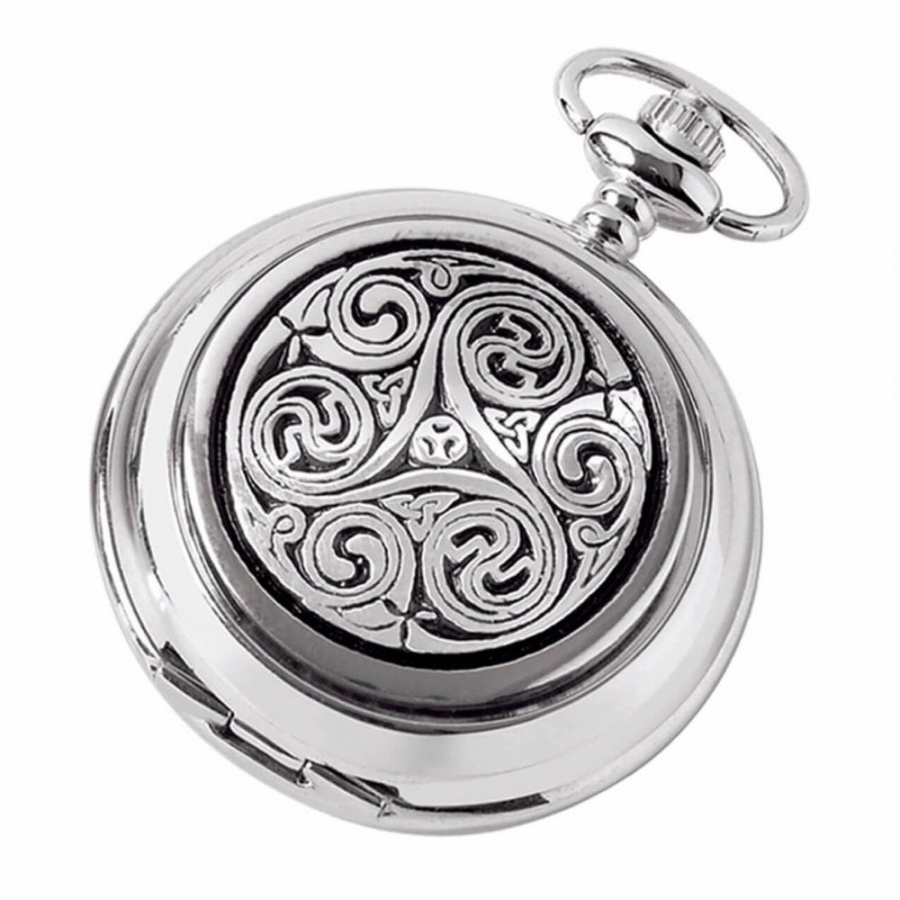 Celtic Pattern Chrome/Pewter Mechanical Double Hunter Pocket Watch