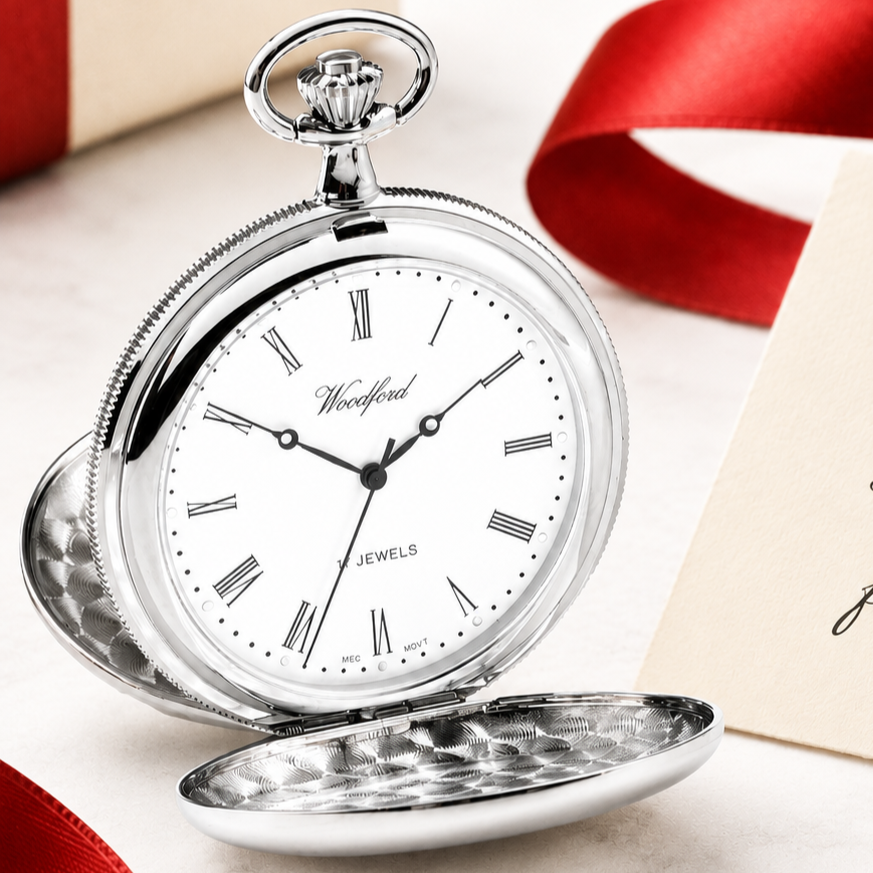 Chrome Plated Double Hunter Mechanical Pocket Watch with Chain