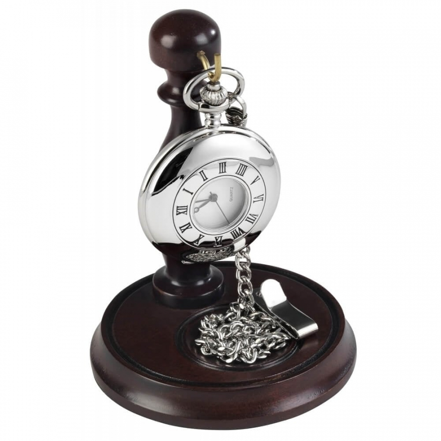 Gents Half Hunter Stainless Steel Pocket Watch With Chain & Stand