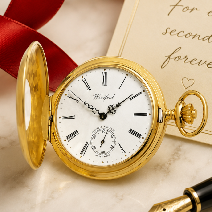 Gold Plated Half Hunter Swiss Mechanical Pocket Watch with Chain (W1015)