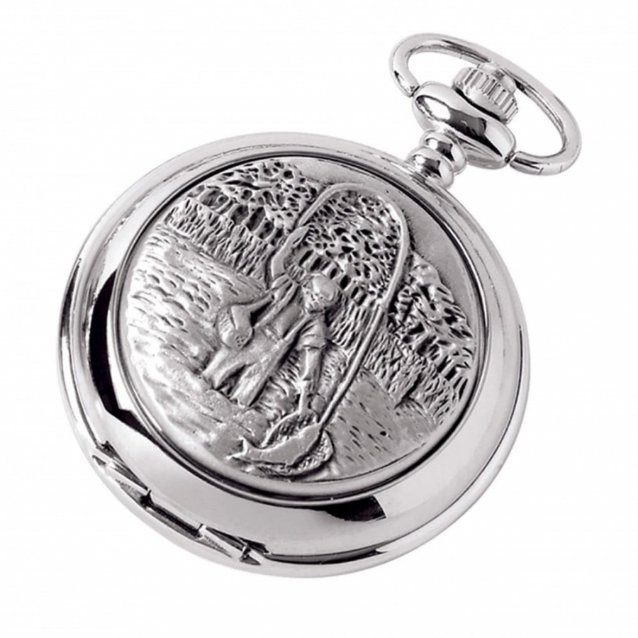 Fishing Chrome/Pewter Quartz Full Hunter Pocket Watch