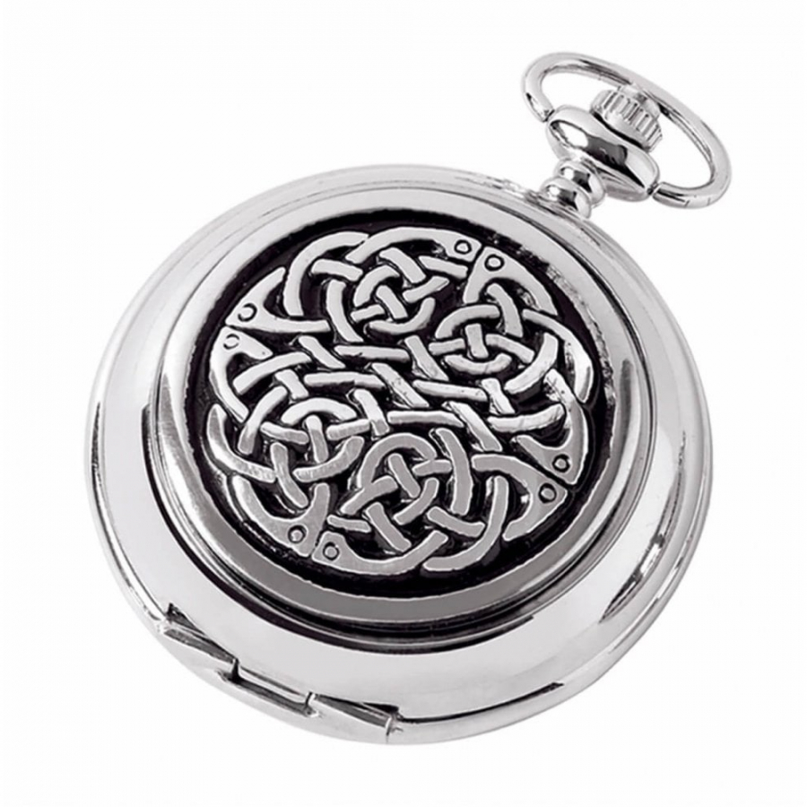 Celtic Pattern Chrome/Pewter Quartz Full Hunter Pocket Watch