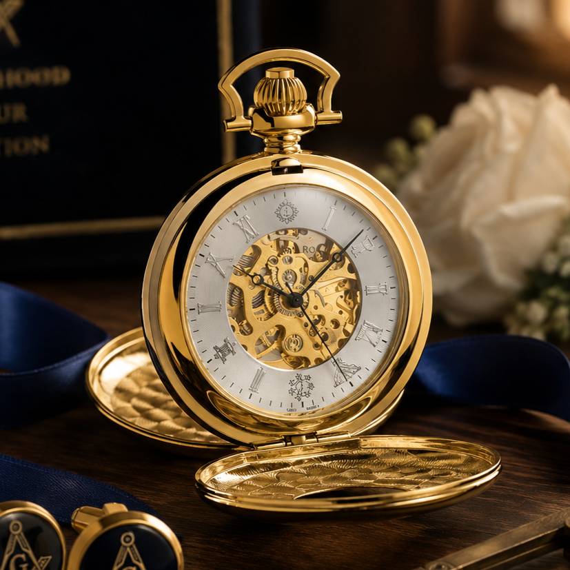 Gold Plated Mechanical Double Half Hunter Masonic Pocket Watch