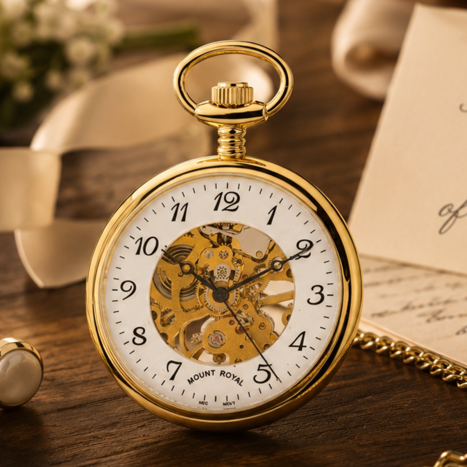 Gold Plated Open Face Skeleton Dial Mechanical Pocket Watch with Chain (40mm) (Arabic Numerals)