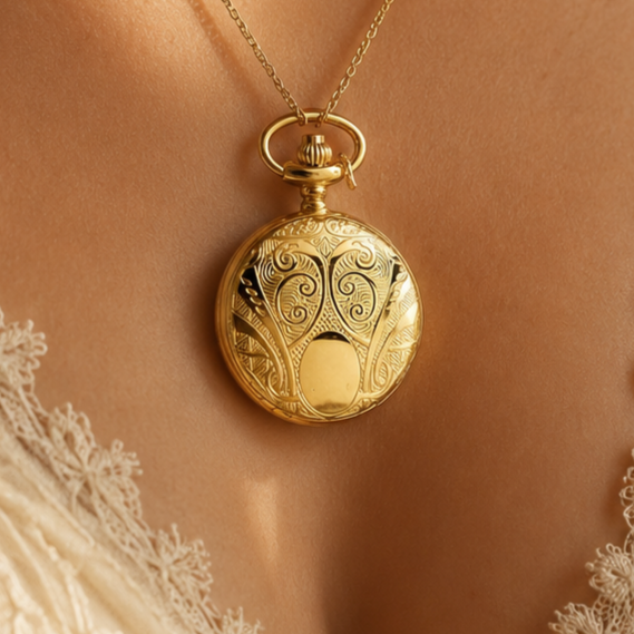 Gold Plated Full Hunter Pattern Quartz Pendant Necklace Watch