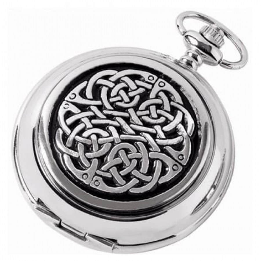 Celtic Logo Chrome/Pewter Mechanical Double Hunter Pocket Watch