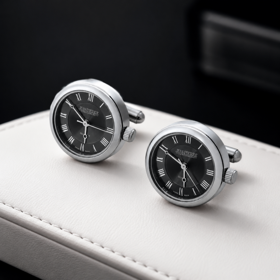 Chrome Plated Black Dial Watches Cufflinks