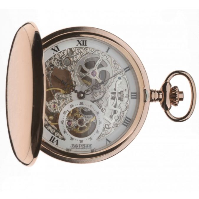 Rose Gold Plated Double Hunter Skeleton Mechanical Pocket Watch G250RPM