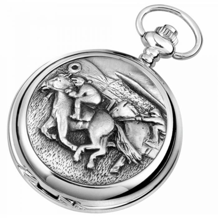 Horse Racing Chrome/Pewter Mechanical Double Hunter Pocket Watch