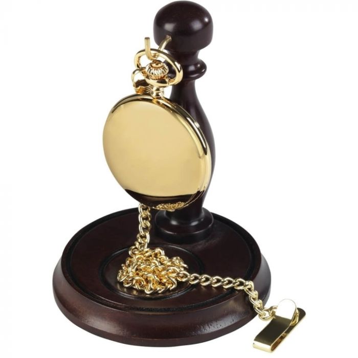Full Hunter Polished Gold Plated Stainless Steel Pocket Watch With Chain & Stand