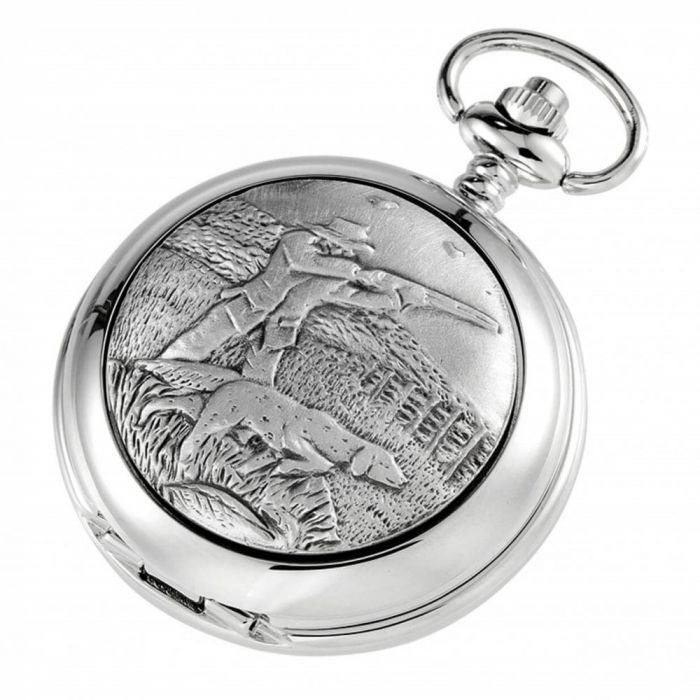 Shooting Chrome Pewter Skeleton Double Hunter Pocket Watch