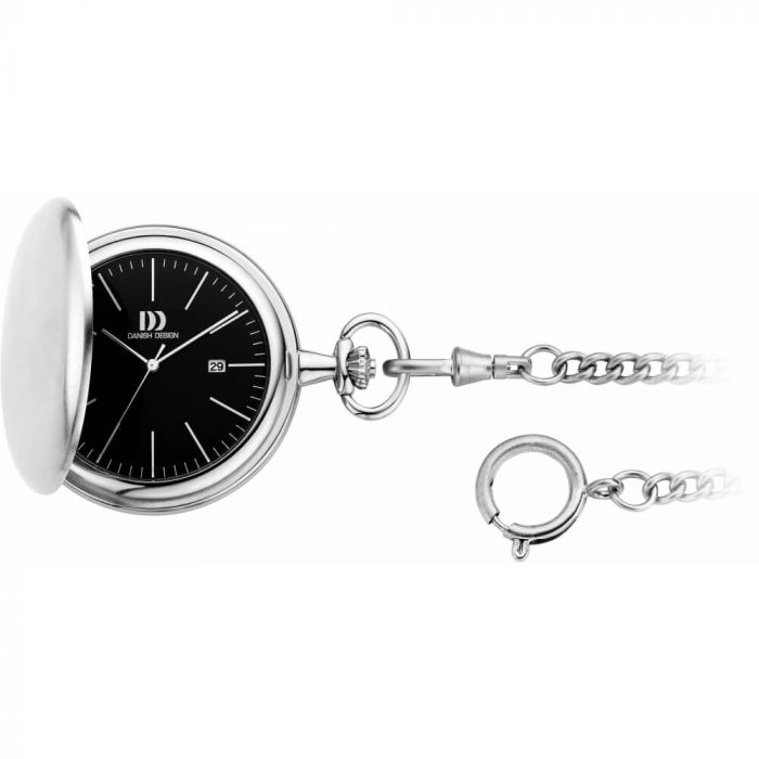 Black Face Full Hunter Brushed Chrome Pocket Watch With Chain