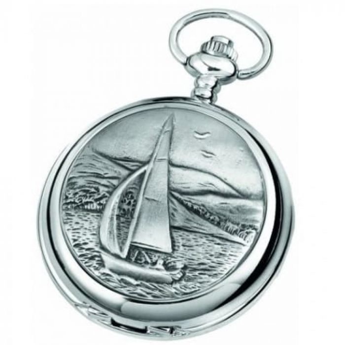 Sailboat Chrome/Pewter Quartz Full Hunter Pocket Watch