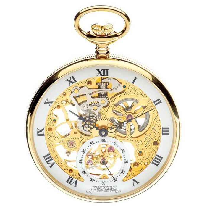 Gold Plated Open Face 17 Jewel Skeleton Pocket Watch