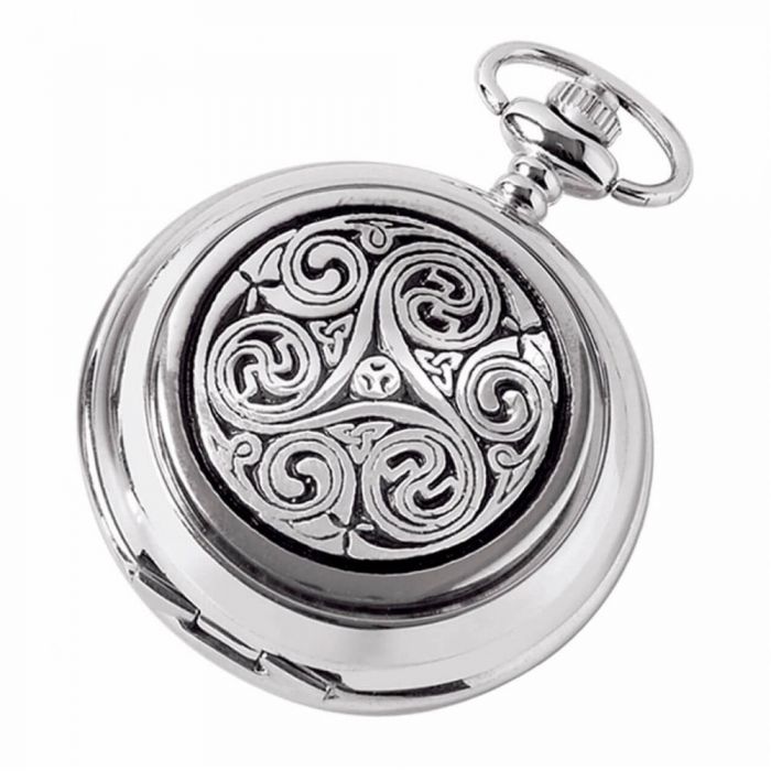 Celtic Pattern Chrome/Pewter Mechanical Double Hunter Pocket Watch