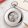 Chrome Plated Full Hunter Skeleton Dial Mechanical Pocket Watch Engravable Shield with Chain