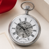 Chrome Plated Open Face Skeleton Dial Mechanical Pocket Watch Clear with Chain and Chrome Plated Stand