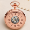 Rose Gold Plated Half Hunter Skeleton Dial Mechanical Pocket Watch with Chain