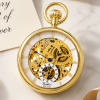 Gold Plated Open Face Skeleton Dial Mechanical Pocket Watch with Chain