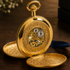 Masonic Gold Plated Double Hunter Mechanical Pocket Watch with Chain